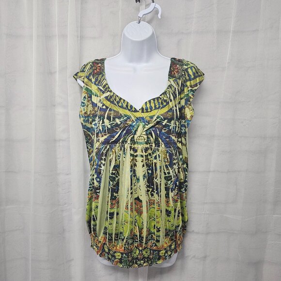 One World Blouse Green Boho Embroidered Sequin Festival Hippie M - Picture 1 of 13